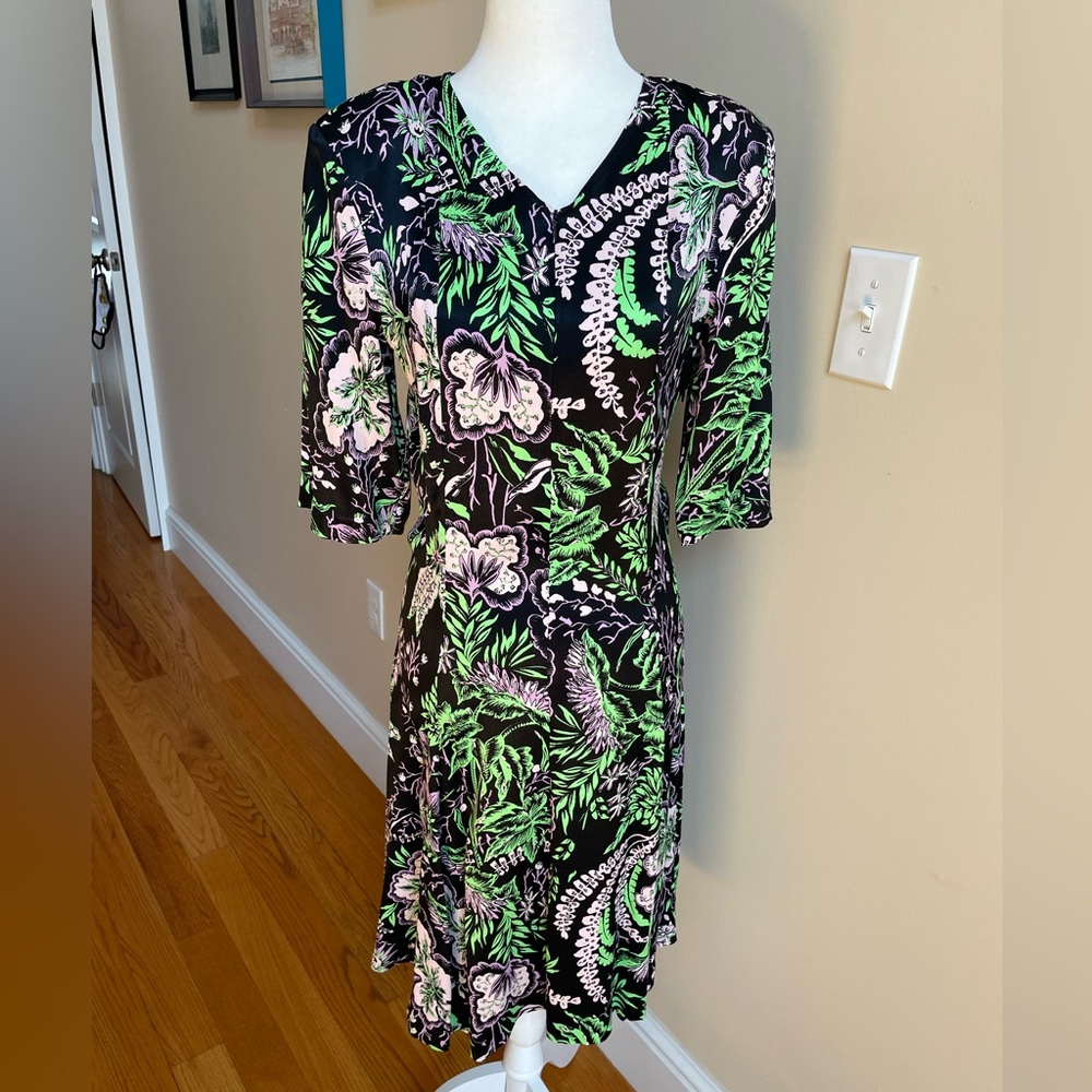 Rodebjer Kandy Vegetal Floral Print V-Neck Zipper Bodice Dress